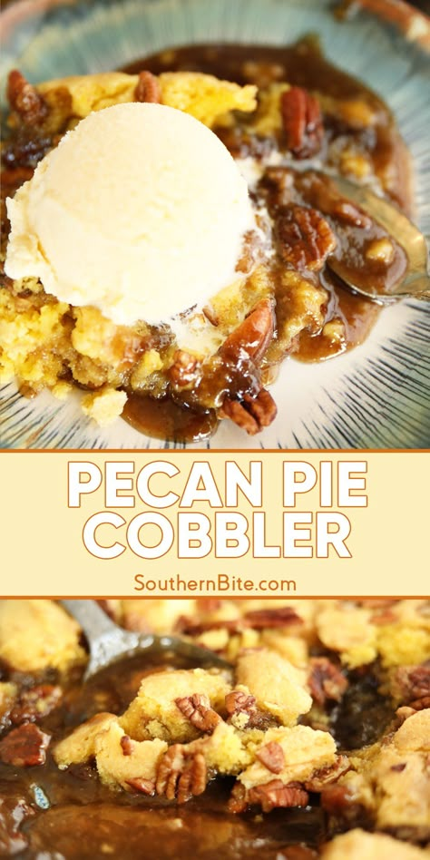 This Pecan Pie Cobbler is where classic pecan pie and cobbler collide! Crunchy pecans, cakey cobbler, and lots of that gooey pecan pie filling make this one of my new favorite desserts! Dixie’s Pecan Pie Cobbler, Thanksgiving Desserts With Pecans, Pecan Pie Crumble, Peanut Butter Cobbler Carnival Eats, Pecan Pie Dessert Ideas, Southern Thanksgiving Recipes Desserts, Pecan Pie Casserole, Thanksgiving Food Ideas Desserts, Pecan Cobbler Recipe Easy