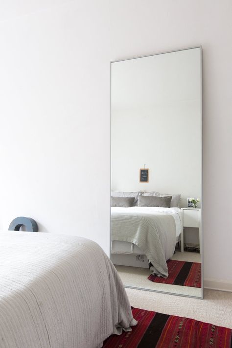 Cate St Hill's Serene & Bright Bloomsbury Apartment Mirror Facing Bed, No Frame Mirror, Quotes Wall Design, Ikea Hovet Mirror, Hovet Mirror, Bad Feng Shui, Bedroom Wall Art Ideas, Decor For Bedroom Wall, Big Mirrors