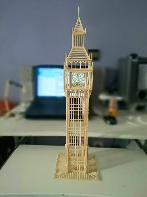 Toothpick Model Architecture, Art With Toothpicks, Craft With Toothpicks, Toothpick House, Toothpick Tower, Big Ben Model, Toothpick Art, Stick Sculpture, Toothpick Sculpture