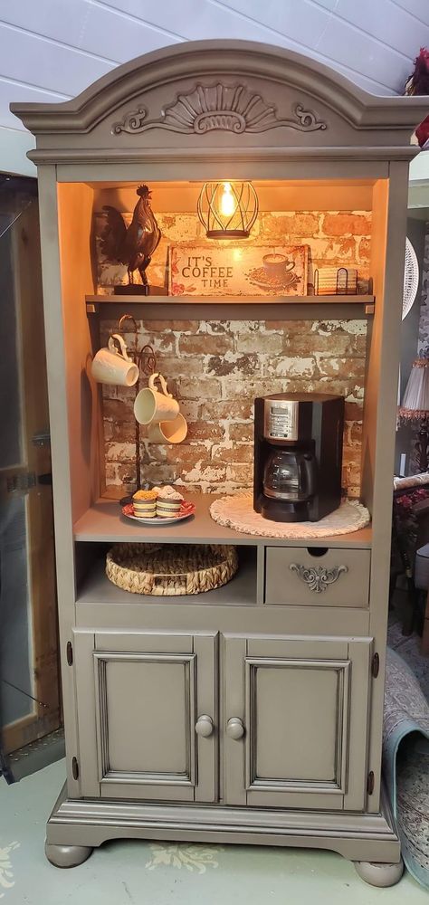 Coffee Bars Made From Old Hutches, Coffee Bar In Salon, Coffee Bar Out Of Hutch, China Cabinet Redo Coffee Stations, Dresser Turned Into Coffee Bar, Tea Bar Ideas Kitchen Counter, Repurposed Corner Cabinet, Hutch Makeover Coffee Bar, Coffee Bar From Hutch