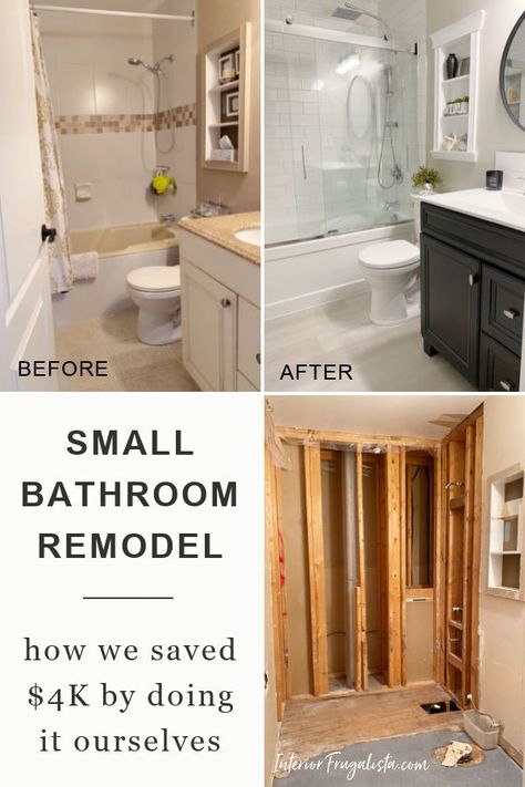 How we saved thousands of dollars on a small bathroom renovation by doing it ourselves. Before and After reveal plus full bathroom remodel checklist. #diybathroomrenovation #diybathroomdesignsmall #diybathroomremodelonabudget How To Bathroom Remodel, Bathroom Tub Renovation, How To Redo A Small Bathroom, Floating Shelf Under Bathroom Mirror, Diy Small Bathroom Renovation, How To Remodel A Small Bathroom, Small Simple Bathroom Remodel, Renovation Small Bathroom, Small Bathroom Reno With Tub