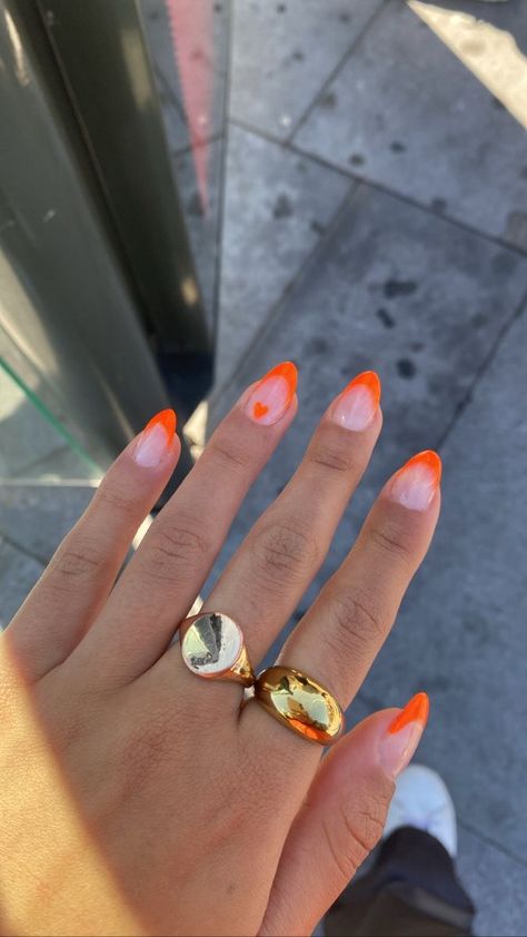 Orange Nails With Heart Design, Sns Nails Orange, Preppy Nails Orange, Nail Ideas With Orange, Hoco Nails For Orange Dress, Orange Prom Dress Nails, Orange Tipped Nails, Neon Orange Prom Nails, Neon Orange Nails Almond