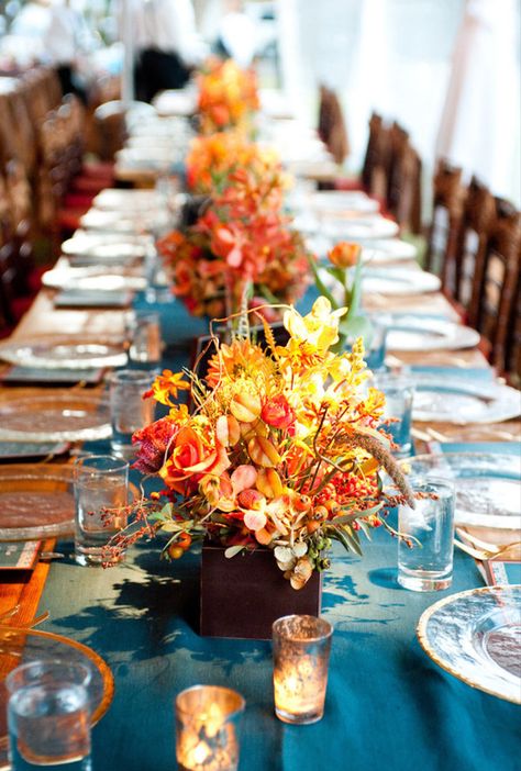 Orange Wedding Colors, Teal Bridesmaid, Teal Bridesmaid Dresses, Tafel Decor, Fall Wedding Centerpieces, Teal Wedding, Table Runners Wedding, Orange Wedding, Fall Wedding Colors