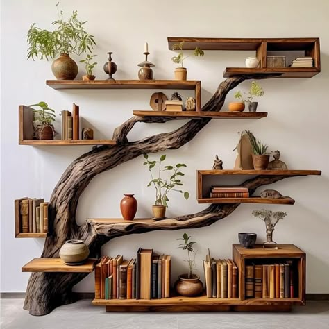 How To Style A Shelf, Bookshelves Tree, Bookshelves With Plants, Small Home Library Aesthetic, Log Ideas Diy Projects, Tree Book Shelves, Diy Tree Bookshelf, Tree Shelves, Earthy Home Decor