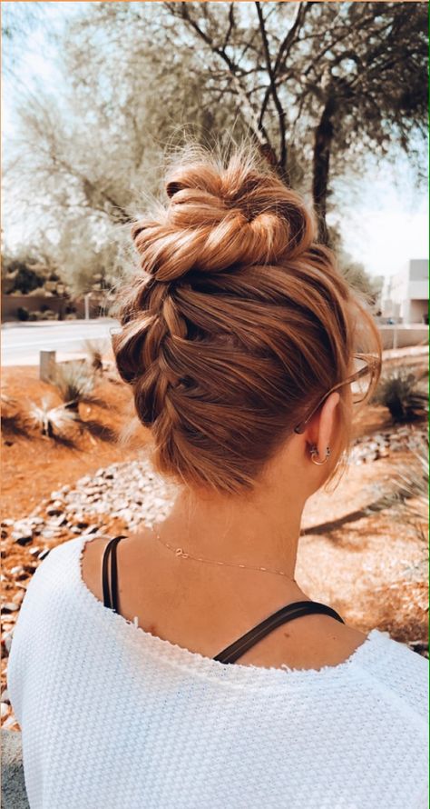 Upside Down Braids Into Buns, Under Braid Bun, Bun With French Braid, Upside Down French Braid Bun, Upside Down Braid Ponytail, Under Braids Hairstyles, Braid Underneath Hair, French Braid Bridesmaid Hair, Upside Down Braid Bun