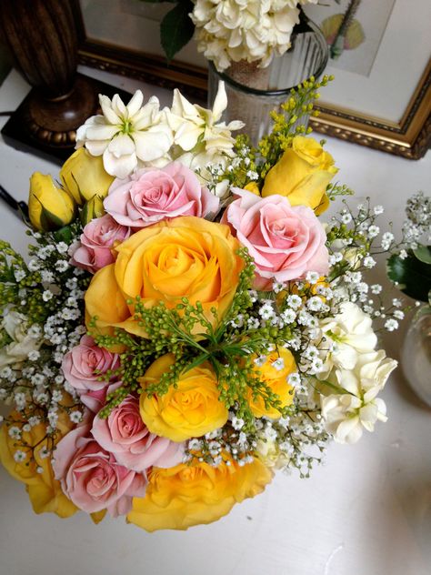 Yellow Roses, Pink Roses, and Baby's Breath by Alta Fleura Pink And Yellow Prom Bouquet, Dried Yellow Roses, Yellow And White Prom Bouquet, Yellow Prom Flowers Bouquet, Pink And Yellow Roses Arrangement, Pink And Yellow Roses Bouquet, Yellow And Pink Quinceanera Theme, Yellow And Pink Flower Bouquet, Yellow Hoco Bouquet