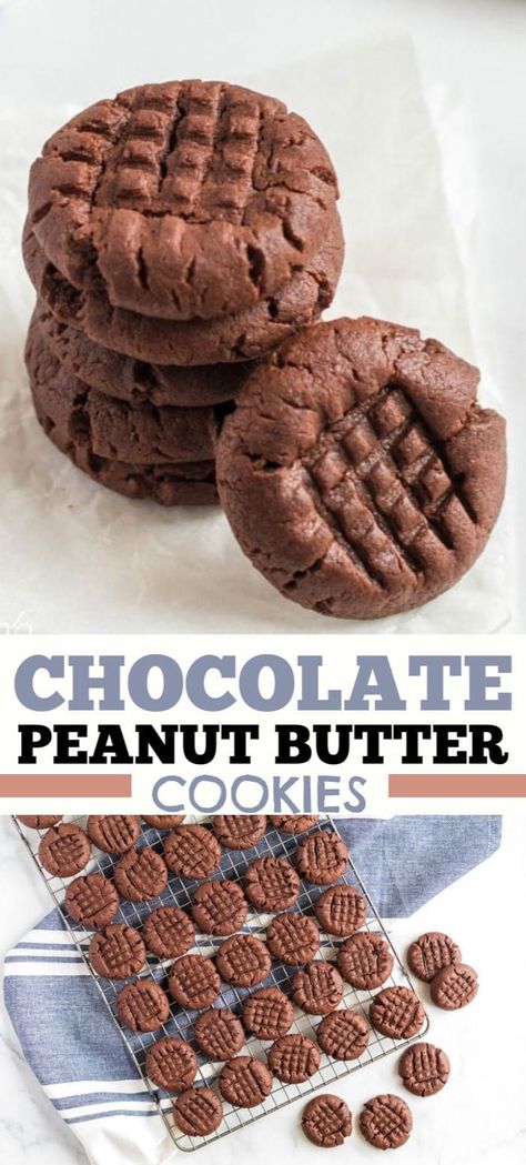 Chocolate peanut butter cookies are the best of both worlds. If you love soft chewy peanut butter cookies this chocolate version is for you! #chocolatepeanutbutter #chocolatecookies #peanutbuttercookies #cookies #homemadecookie #cookierecipe #amandascookin Soft Chewy Peanut Butter Cookies, Butter Cookies Easy, Resepi Biskut, Easy Peanut Butter Cookies, Chewy Peanut Butter Cookies, Cookie Recipes Unique, Chocolate Peanut Butter Cookies, Love Soft, Chocolate Cookie Recipes