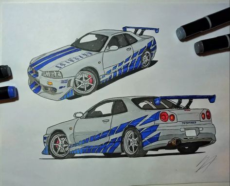 #nissan #skyline #skyliner34 How To Draw A Skyline, Fast And Furious Cars Drawing, Nissan Skyline Drawing, Nissan Skyline R34 Drawing, Gas Drawing, Draw Book, Skyline Drawing, Nissan Skyline R34, Nissan R34