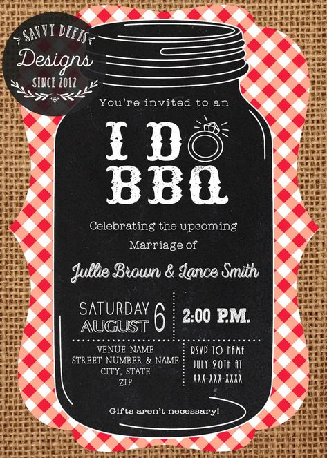 I Do Bbq Invitation, I Do Barbeque Ideas, Invite Engagement, Engagement Bbq, Bbq Invite, Engagement Party Diy, Chalkboard Mason Jars, Bbq Party Invitations, Burlap Mason Jars