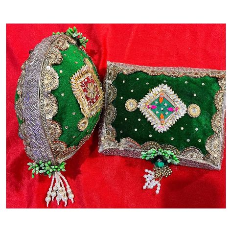 Green coconut and sakarpado wrapped in velvet Whatsapp- 9819834090 Instagram - @radhearts.in Green Coconut, Trousseau Packing, Wedding Decoration, Gift Item, Diwali, Wedding Decorations, Coconut, Velvet, Green