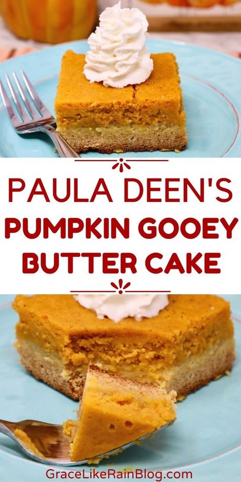 This delicious Pumpkin Gooey Butter Cake is sure to make all of your fall festivities extra special! Created by the one and only Paula Deen, this cake is made with a spiced pumpkin cake base topped with a creamy, indulgent layer of gooey butter cake. With just the right amount of sweetness and spice, this cake is sure to satisfy your sweet tooth and make you the star of the show! Paula Deen Gooey Pumpkin Butter Cake, Philadelphia Butter Cake, Ooey Gooey Pumpkin Cake Paula Dean, Paula Deen Pumpkin Gooey Butter Cake, Pumpkin Spice Gooey Cake Brown Sugar, Ooey Gooey Pumpkin Butter Cake, Pumpkin Gooey Butter Bars, Pumpkin Ooey Gooey Butter Cake, Nicks Butter Cake Recipe