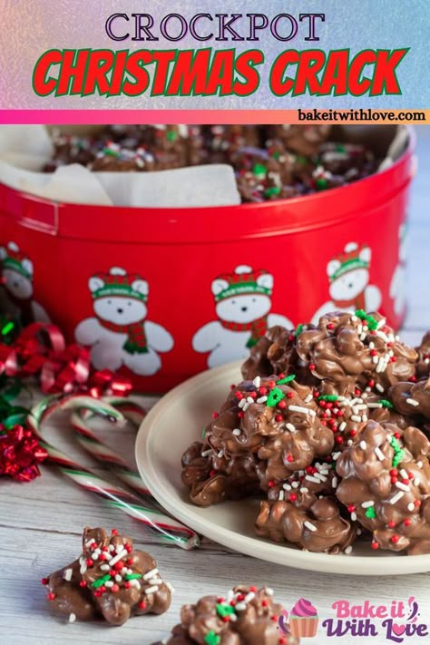 This easy-to-make crock pot Christmas crack, aka Christmas candy, is a delightfully tasty holiday treat that anyone can make with very little fuss! The tasty combination of chocolate and peanut butter make these festive peanut clusters a popular favorite for kids of all ages! Everyone loves getting this DIY candy as a holiday tradition! BakeItWithLove.com #candy #Christmas #holidays #dessert #crockpot #chocolate Crockpot Candy Recipes, Crockpot Christmas, Chocolate Peanut Clusters, Salty Desserts, Christmas Candy Easy, Christmas Candy Homemade, Easy Christmas Candy Recipes, Crockpot Candy, Peanut Clusters