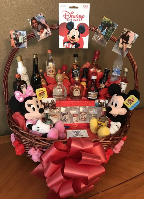 disney inspired 21st birthday basket Disney Basket Ideas, Disney 21st Birthday Ideas, Couples Suprises, 21st Birthday Disney, Disney 21st Birthday, Disney Basket, Princess Gift Basket, Cozy Baskets, Disney Gift Basket