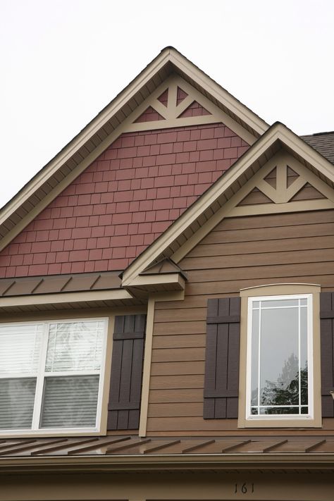 Craftsman Siding Ideas, Dormer Trim Ideas, Decorative Gables On House, House Gables Exterior, Brown Siding Exterior, Cottage Millwork, Brown House Exterior Ideas, Red Siding House Exterior, Red Exterior House Colors