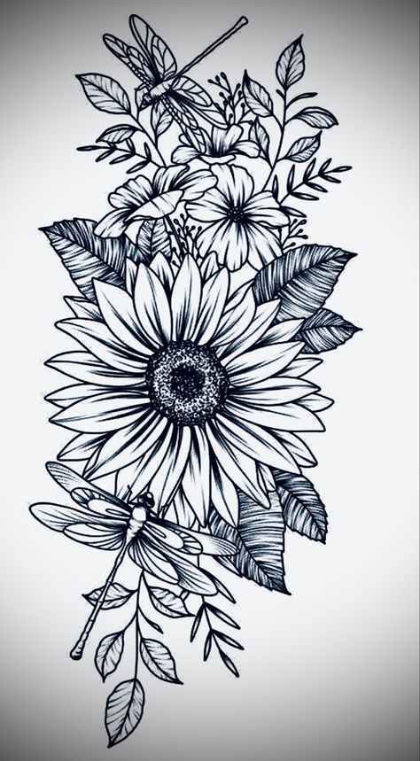 Teddy Bear Sunflower Tattoo, Sunflower With Dragonfly Tattoo, Sunflower Dragonfly Tattoo, Sunflower And Dragonfly Tattoo, Hummingbird Drawings, Dragonfly Tattoo Design With Flowers, Sunflower Mandala Tattoo, Water Lily Tattoos, Butterfly Tattoos Images