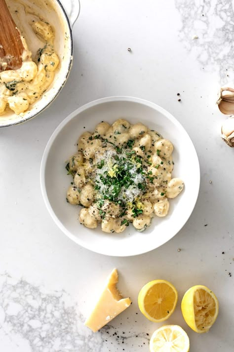 One-Pot Gnocchi with Creamy Lemon Sauce and Basil Lemon Basil Gnocchi, Cream Cheese Gnocchi, Gnocchi Lemon Butter Sauce, Gnocchi Recipes Lemon, Creamy Lemon Gnocchi, Lemon Butter Gnocchi, Lemon Gnocchi Recipes, Gnocchi Lemon, Cod Fish Sandwich