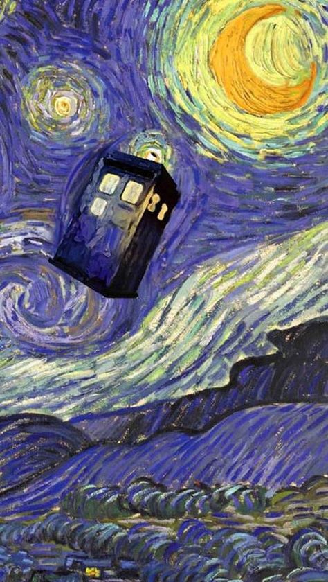 doctor who, tardis, and van gogh image Doctor Who Starry Night, Emmie Core, Scifi Doctor, Film Memes, Tardis Art, Sf Wallpaper, Doctor Who Wallpaper, Whats Wallpaper, Iphone 5 Wallpaper