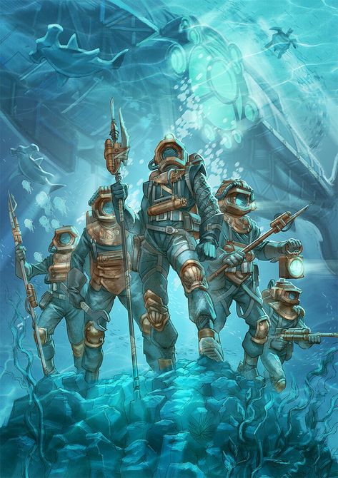 Captain Nemo Art, Submarine Illustration, Deep Sea Diver Art, Diver Art, Captain Nemo, Underwater City, Scifi Fantasy Art, Leagues Under The Sea, Science Fiction Art