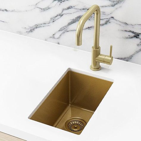 Buy Meir Bar Sink Single Bowl 382mm x 272mm - Brushed Bronze Gold Online — The Blue Space Wet Bar Ideas Small Sinks, Gold Wet Bar Sink, Wet Bar Sink Ideas, Brass Bar Sink, Bar Sinks Ideas, Gold Sink Kitchen, Bar Sinks And Faucets, Bar Sink Ideas, Small Bar Sink