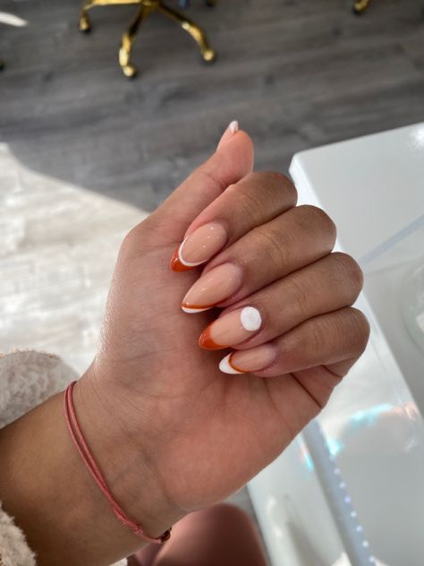 White And Burnt Orange Nails, White French Tip With Orange Line, Orange Tip Nails Almond, White Orange Nails, Almond Shape Acrylics, Orange White Nails, Orange And White Nails, Colored French Nails, Red Orange Nails