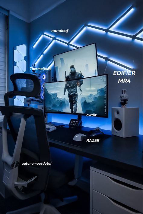 #EDIFIER #StudioMonitor #Speakers #DeskSetup #Setupideas #Edifier #SetupGoals #Decoratingideas #homedecoration #homeaudio #homespeakers #bookshelfspeakers #musicprints #musicrecommendation #blue #lifestyles #vibes #soundquality #neonlights Black White And Blue Gaming Setup, Black And Blue Pc Setup, Black And Blue Gaming Setup, Blue Pc Setup, Blue Desk Setup, Blue Gaming Setup, White Desk Setup, Blue Outfit Men, Gaming Computer Room