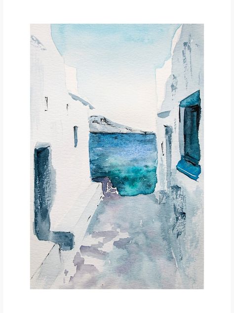 Greece Simple Painting, Greece Watercolor Painting, Watercolor Greece Easy, Watercolour Architecture, Watercolor Mediterranean, Greece Watercolor, Watercolor Santorini, Greece Landscape, Greece Painting