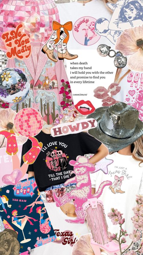 Discover a stunning collage that blends the rugged allure of Western romance with the mysterious charm of dark love themes, all wrapped in a sparkly, disco-inspired aesthetic. Think pink sunsets over desert landscapes, glittering cowboy boots, and neon hearts. This unique mix of vibrant pinks, shimmering sequins, and moody undertones creates a visual story that's both romantic and edgy—a perfect blend of soft femininity and wild, untamed passion. Dark Western, Love Themes, Neon Hearts, Cowboy Aesthetic, Western Romance, Desert Landscapes, Visual Story, Dark Love, Country Concert Outfit