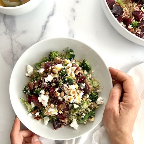 Roasted Beet, Broccoli and Quinoa Salad - THE SALAD WHISPERER Quinoa Goat Cheese, Broccoli And Quinoa, Blanched Broccoli, Pesto Potatoes, Beef And Broccoli, Asparagus Salad, Salad Sauce, Quinoa Salad Recipes, Roasted Beets