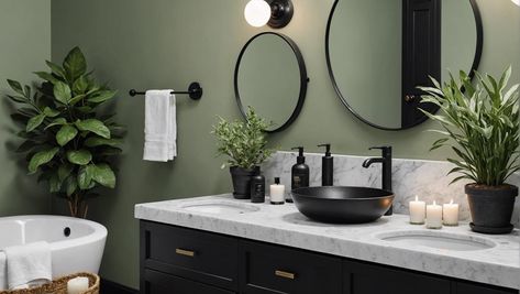 7 Tips for Designing a Sage Green and Black Bathroom - DexDecor Dark Green Black And White Bathroom, Dark Green Bathroom Black Fixtures, Sage Green And Black House Interior, Sage Green Bathroom With Black Vanity, Sage Green White And Black Bathroom, Black And Olive Green Bathroom, Sage Green Bathroom With Black Accents, Olive Green And Grey Bathroom, Sage Green Black And White Bathroom