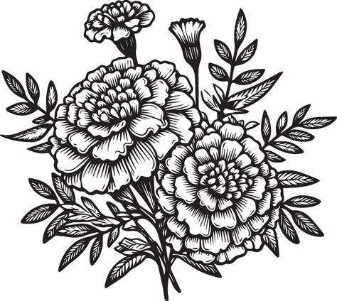 Cute flower coloring pages, marigold drawing, yellow marigold flower drawing, Hand drawn botanical spring elements bouquet of marigold line art coloring page, easy flower drawing. primrose flower art Flower Sleeve Stencil, Mary Gold Flower Drawing, Marigold Black And White Tattoo, Drawing Marigold Flowers, Mexican Flower Drawing, Merigold Aesthetic Flower Tattoo, Marigold Flower Art, Marigold Line Art, Marigold Flower Tattoo Black And White