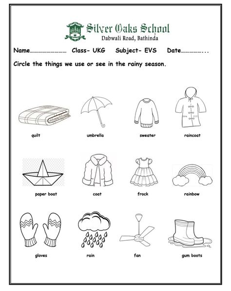 Rainy Season Worksheets Kindergarten, Rain Worksheets For Kindergarten, Rainy Season Activities For Preschool, Rainy Season Worksheet, Rainy Season Clothes, Color Blue Activities, Preschool Weather Chart, Blue Activities, Seasons Kindergarten