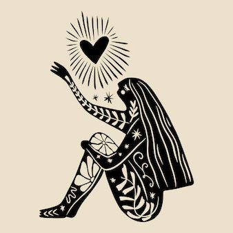 Mystic Illustration, Art Mystical, Leo Tattoos, Magic Woman, Magic Women, Magic Symbols, Reiki Meditation, Heart Illustration, Linocut Art