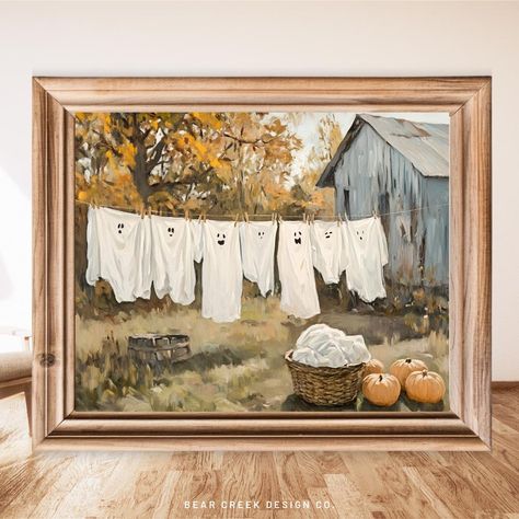 Cute Ghost Painting Laundry Sheets Prints for Wall Art Trendy Neutral Wall Prints Aesthetic Halloween Decor for Home Autumn Laundry Room - Etsy Ghost Art Print, Simple Neutral Decor, Laundry Room Halloween Decor, Cozy Home Fall Aesthetic, Art Details Aesthetic, Halloween Decorations Dining Room, Adding Ghosts To Old Paintings, Halloween And Fall Decorations Together, Pumpkin Ghost Painting