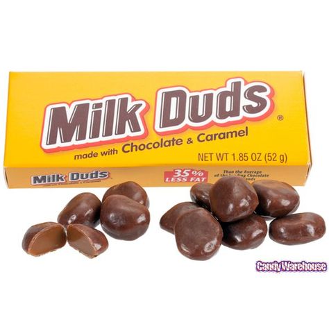 Milk Duds | According to the manufacturer, the word "Milk" in the name refers to the large amount of milk in the product; the use of "dud" came about because the original aim of having a perfectly round piece was found to be impossible. Milk Duds were first created in 1926 by S. le Noble. Purple Cake Pops, 90s Candy, Christmas Party Treats, Milk Duds, Penny Candy, Food Chains, Caramel Candy, Chocolate Brands, Fast Food Chains