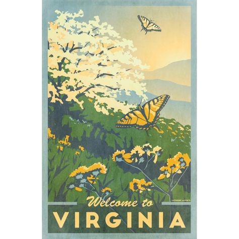 Virginia Vintage Travel Poster | Faire.com Virginia Poster, Flowering Dogwood, Tiger Swallowtail, Virginia Travel, Travel Poster Design, Butterfly Art Print, Unique Symbols, Shenandoah Valley, Appalachian Mountains