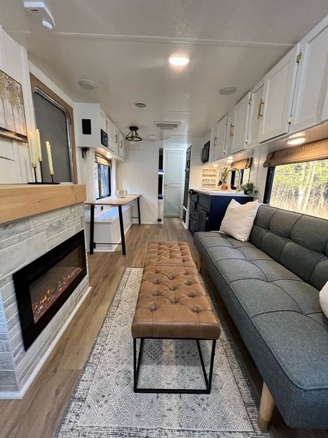 Electric Fireplace In Camper, Rv Fireplace, Travel Trailer Renovation, Trailer Makeover, Trailer Renovation, Travel Trailer Living, Rv Interior Remodel, Camper Interior Design, Open Floorplan