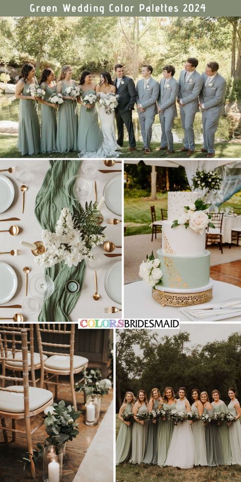 Sage green wedding color combos inspirations for 2024: Bridesmaid dresses in different shades of sage green, white bridal gown, light grey suits for groom and groomsmen, white and greenery wedding bouquets, white and sage green wedding cakes, white table cloth, sage green table runners, greenery bouquets as aisle markers. #weddingcolors #weddingideas #greenweddings #colsbm #2024 #bridesmaiddresses #sagegreenwedding Silver Sage Wedding Color Schemes, Sage Green Wedding Groomsman, Wedding Green Accent, Wedding Tuxedo For Men Groom Style Sage Green, Sage Wedding Pallet, Groomsmen Attire With Sage Green Bridesmaids, Sage Green And Gold Wedding Groomsmen, Sage Autumn Wedding, Dark Gray And Sage Green Wedding