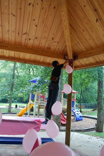 Tim helps decorate the pavilion | twentysixcats | Flickr Pavilion Party Decorations, Park Pavilion Decorations, Pavilion Decorating Ideas, Decorating Balloons, Party At A Park, Pavilion Decorations, Park Party Decorations, Pavilion Party, Party At Park