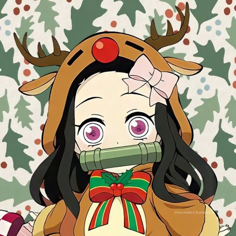 Nezuko Christmas Wallpaper, Nezuko Christmas Icon, Christmas Nezuko Pfp, Cute Christmas Icons Anime, Christmas Wallpaper Demon Slayer, Kny Christmas Icons, Kny Christmas Pfp, Anime Christmas Icons Aesthetic, Demon Slayer Christmas Icons