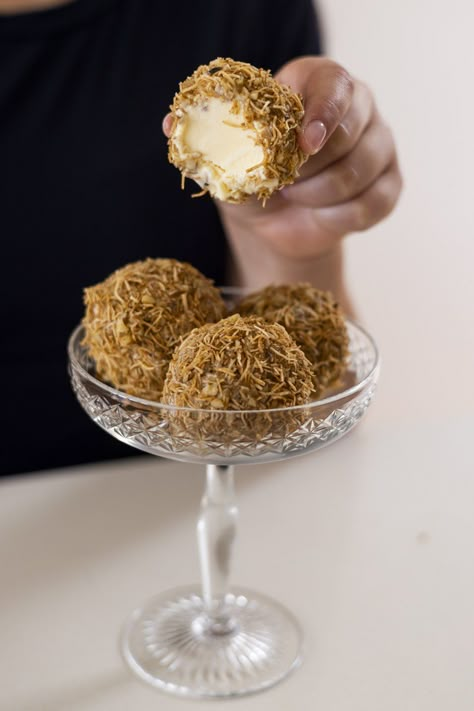 Kataifi Ice Cream Balls — Antoniou Fillo Pastry Kataifi Recipes, Arabian Kitchen, Filo Recipes, Honey Baklava, Kataifi Pastry, Beach Dessert, Ice Cream Balls, Chocolate Cube, Finger Food Desserts