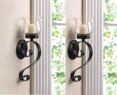 AmazonSmile: 2 Black Iron Artisanal Sconce Wall Mount Hurricane Garden Candle Holder Set Pair by sallyashop: Home & Kitchen Large Candle Wall Sconces, Wall Hanging Candle Holders, Garden Candle, Wrought Iron Candle, Iron Wall Sconces, Прикроватные Тумбочки, Candle Wall Decor, Wall Candle Holders, Wood Candle Holders