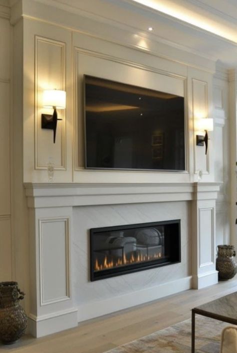 Classic Tv Wall Design, Lounge Fireplace, Tv Wall Design Ideas, Fireplace Modern, Open Living Room Design, Tree Decoration Ideas, Tv Over Fireplace, Tv Wall Decor Ideas, Wall Design Ideas