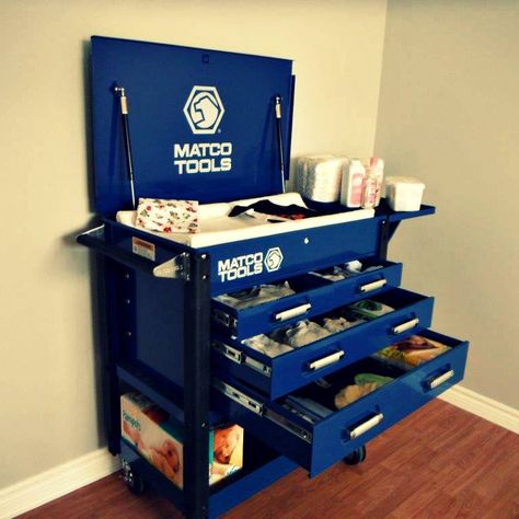 Toolbox of the Day: Daddy Knows Best Tool Box Dresser Boy Rooms, Tool Box Baby Changing Table, Tool Box Changing Table, Boy Changing Table, Country Baby Boy Nursery, Country Baby Boy, Car Nursery, Nursery Changing Table, Changing Tables