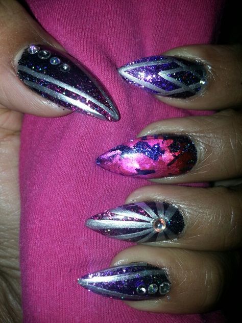 Demon Nails, Guardian Of The Galaxy, Aztec Nails, Encapsulated Nails, Pointy Nails, Blue Galaxy, Galaxy Nails, Swarovski Nails, Pink Purple Blue