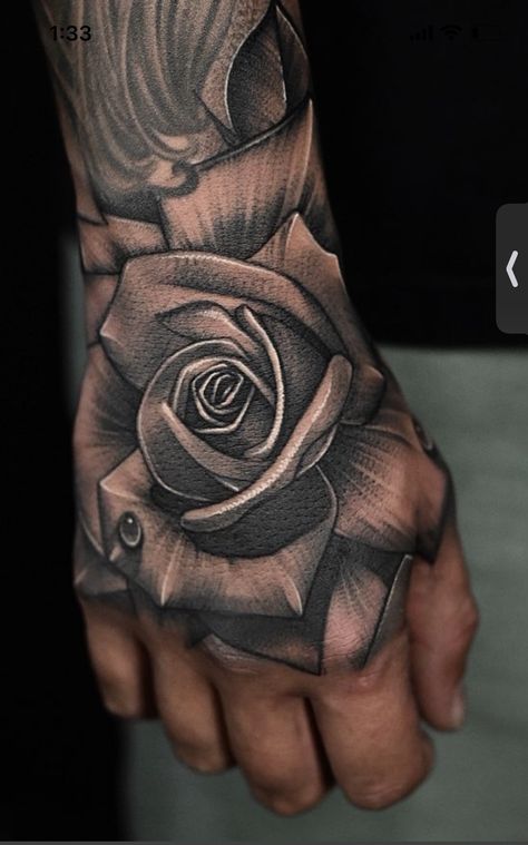 Men’s Hand Tattoos Rose, Rose Hand Tattoo Men Design, Angle Hand Tattoo, Rose In Hand Tattoo, Black Hand Tattoos Men, Red Rose Tattoo Men, Hand Rose Tattoo Men, Tattoos Na Mao, Rose Hand Tattoo Men