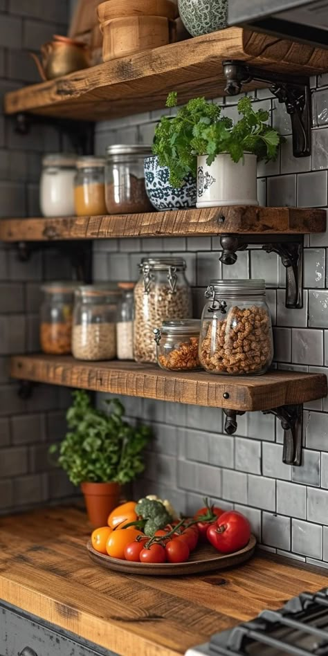 Rustic Floating Shelves Kitchen, Small Open Shelves Kitchen, Open Shelf Kitchen Decor, Rustic Country Kitchen Decor, Warm Home Aesthetic, Forest Kitchen, Small Studio Apartment Ideas, Farmhouse Shelf, Kitchen Wall Shelves