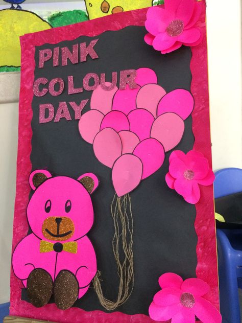 Color Pink Art For Preschool, Pink Day Decoration In Preschool, Pink Day Board Decoration In School, Pink Colour Day Decoration Ideas For School, Pink Day Activity For Kids, Pink Colour Craft For Preschoolers, Pink Day Crafts Preschool, Pink Day Activities Preschool Ideas, Pink Day Celebration Ideas In School