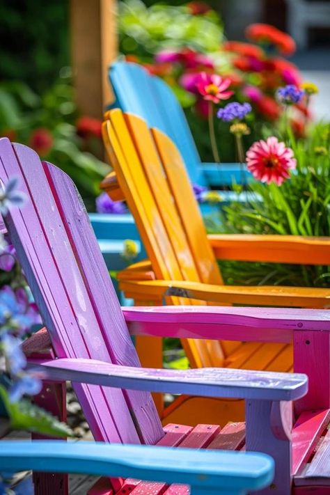 Colorful Adirondack Chairs: Painting Ideas Guide Colorful Adirondack Chairs, Adirondak Chairs, Saved Pictures, Ideas For Painting, Small Urban Garden, Durable Outdoor Furniture, Backyard Balcony, Cozy Patio, Backyard Inspiration