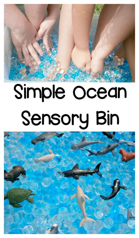 Super Simple Ocean Sensory Bin Kids Will Love - Perfect for a kindergarten or preschool ocean theme, or for a preschool summer camp Ocean Sensory Bin, Preschool Summer Camp, Ocean Sensory, Ocean Theme Preschool, Ocean Unit, Ocean Activities, Summer Preschool, Toddler Sensory, Preschool Themes