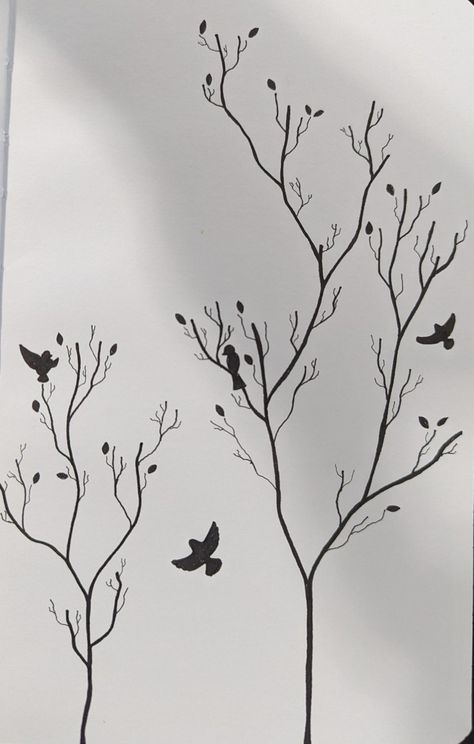 Trees, leaves and birds Tree Bird Drawing, Bird On Tree Drawing, Tree Sketches Simple, Bird On Branch Drawing, Bird Simple Drawing, Birds On Tree Drawing, Line Drawing Tree, Simple Tree Drawing, Whiteboard Doodles